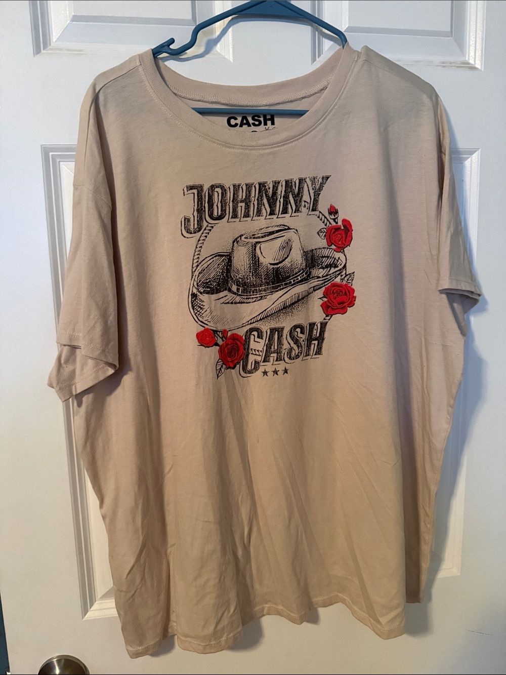Ash Beige Johnny Cash Graphic Tee with Red Rose Accents